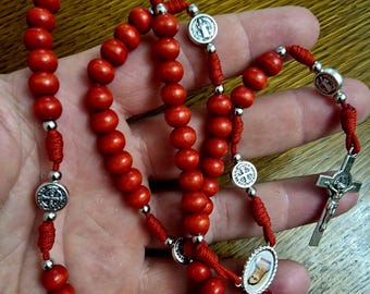 RED WOODEN ROSARY, handmade st Benedict chaplet, San Benito Rosario, Catholoc gift, religious jewelry from Medjugorje