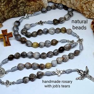 Job&#39;s tears rosary, Holy Spirit rosary, coix seeds, handmade natural chaplet, Holy Spirit medals cross, religious jewelry from Medjugorje