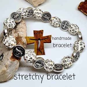 ST BENEDICT BRACELET, stretchy bracelet, elastic saint bracelet, San Benito, religious jewelry from Medjugorje, handmade bracelet