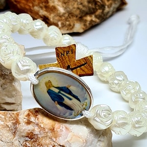 Wundertätiges Armband, Miraculous Medaille, Rose Perlen 8 mm, Geschenk für Frau Männer, christliches Armband, religiöses Schmuck