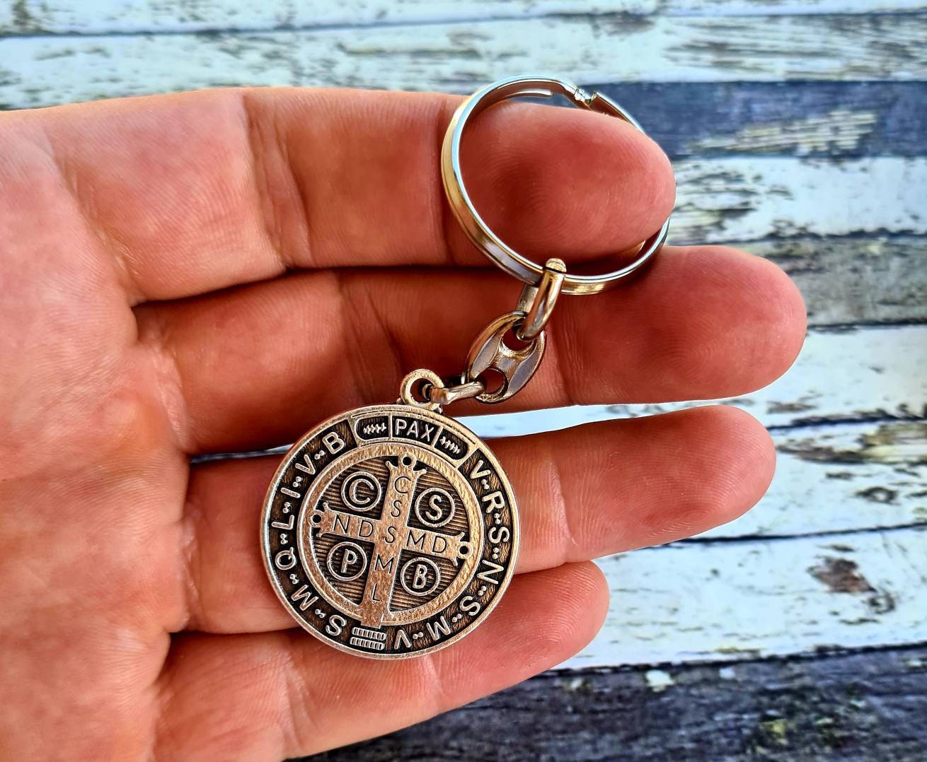 Catholic Saint Benedict Key Chain with 2 Cross Fob - Trinity Church Supply