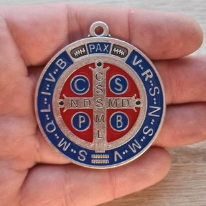 ST BENEDICT MEDAL, xl medal 2 inch, San Benito medal red blue tone, Italy medal, Saint Benedict medal