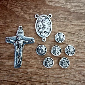 Set 8 pcs St Joseph / Holy Family rosary crucifix & medals, lot bulk 1, 2, 5, 10 sets, silver tone medals