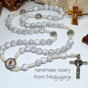 HANDMADE WHITE ROSARY from Medjugorje, beads rose, St Benedict chaplet, Virgin Mary medal, christian blessing chaplet