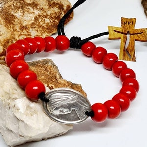 BRACELET VIERGE MARIE, bracelet catholique en bois fait main, médaille de la Vierge Marie Medjugorje, cadeaux catholiques, bracelet saint réglable