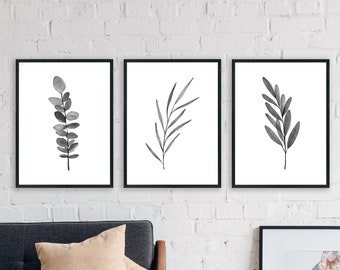 Arte de la planta en blanco y negro - conjunto de 3 impresiones de descarga digital, impresiones minimalistas, arte de pared botánica, impresión botánica - DESCARGA DIGITAL