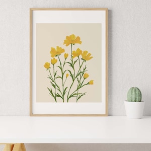Estampado de flores de cosmos amarillo / Flores amarillas / Estampado amarillo / Arte de pared de flores / Estampado de flores / Arte de estampado botánico / Impresión de descarga digital