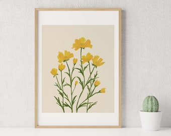 Yellow Cosmos Flower Print | Yellow Flowers | Yellow Print | Flower Wall Art | Flower Print | Botanical Print Art |Digital Download Print