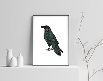 Botanical Crow Silhouette Print - bird silhouette art, botanical nature print, juniper berry wall art, botanical wall art, DIGITAL DOWNLOAD