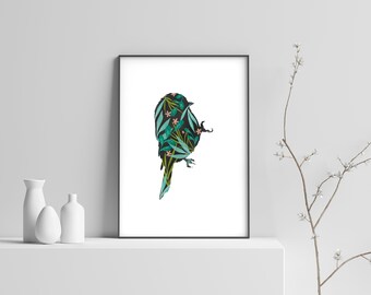 Botanical Chickadee Silhouette - Nature Wall Art, Black Green wall art, bird silhouette art, botanical wall decor, DIGITAL DOWNLOAD