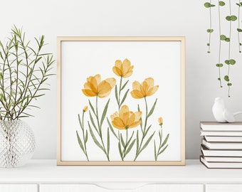 Arte de la pared imprimible de la flor amarilla - acuarela amarilla, arte de la pared botánica, arte de la pared amarilla, impresión de la flor, flor de la acuarela, descarga digital