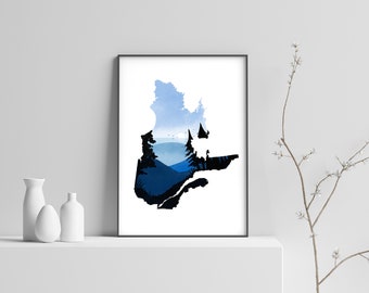 May include: A black and white silhouette of the province of Quebec, Canada, with a watercolor background of blue mountains and a sky.