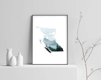 May include: A watercolor print of the outline of British Columbia, Canada, with a mountain landscape scene inside the shape.
