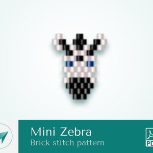 May include: A black and white pixel art pattern of a zebra head with blue eyes. The pattern is labeled "Mini Zebra Brick stitch pattern" and includes a PDF icon.