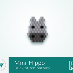 May include: A pixel art pattern for a mini hippo, in gray and black, with the text "Mini Hippo Brick stitch pattern" and a PDF icon.