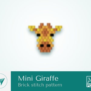 May include: A pixel art pattern of a mini giraffe, in brown, yellow, and black, with the text "Mini Giraffe Brick stitch pattern" and a PDF icon.