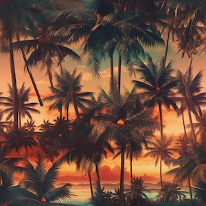 May include: A digital art print depicting a tropical scene with many palm trees. The image shows a vibrant sunset with orange, yellow, and blue colours. The palm trees are dark green and brown, creating a lush, detailed landscape.