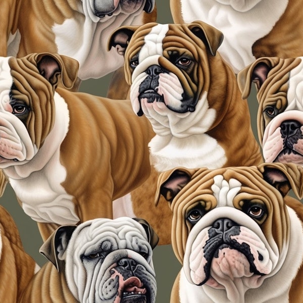 English Bulldog / Bully / Dog / British /  Scrunchy  / Fabric / Journal / Pattern / Seamless Tile / Art / Wallpaper / PNG / High Quality