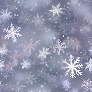 Könnte beinhalten: Eine digitale Illustration mit Winterthema und einem weichen, verschwommenen Hintergrund. Das Bild ist mit weißen und hellblauen Schneeflocken in verschiedenen Größen gefüllt, wodurch ein Gefühl von Tiefe und Bewegung entsteht. Die Gesamtpalette ist kühl mit Blau- und Lilatönen.