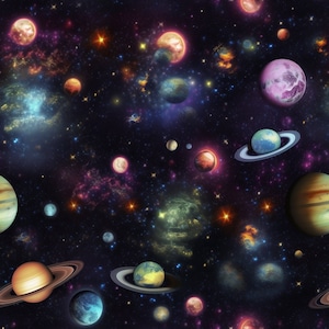 May include: A colorful space scene with planets, stars, and galaxies. The planets are various shades of blue, green, red, and orange. The background is a dark blue with twinkling stars.