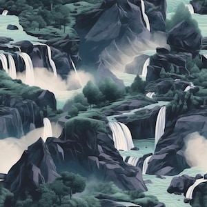 Puede incluir: Una ilustración digital de un paisaje montañoso brumoso con cascadas. La escena está representada en tonos azules y verdes, creando una atmósfera serena y tranquila.