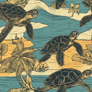 May include: Sea turtle illustration with a vintage aesthetic. The turtles are swimming in a blue ocean with a sandy beach and palm trees in the background.