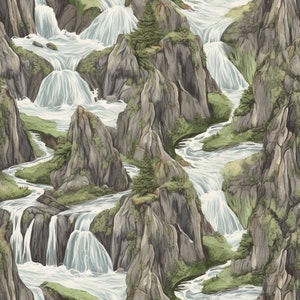 Op de afbeelding: Een naadloos patroon met een herhalend ontwerp van watervallen die door een rotsachtig, bergachtig landschap stromen. Het water is lichtblauw en wit, en de rotsen zijn donkergrijs. Het patroon is perfect om aan elk project een vleugje natuur toe te voegen.