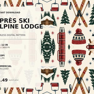 May include: A seamless digital pattern featuring winter motifs including wooden skis, red plaid thermoses, pine trees, snow-covered mountains, ski lifts, knit beanies with pom-poms, and mugs of hot cocoa with whipped cream on a cream background.