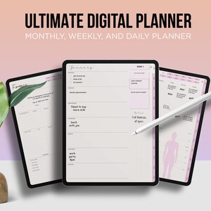 May include: A digital planner app on an iPad with a stylus. The app has a monthly, weekly, and daily planner view. The app is open to the weekly view and shows a list of tasks for the week. The app is also open to the daily view and shows a list of tasks for the day. The app is also open to the monthly view and shows a calendar for the month.