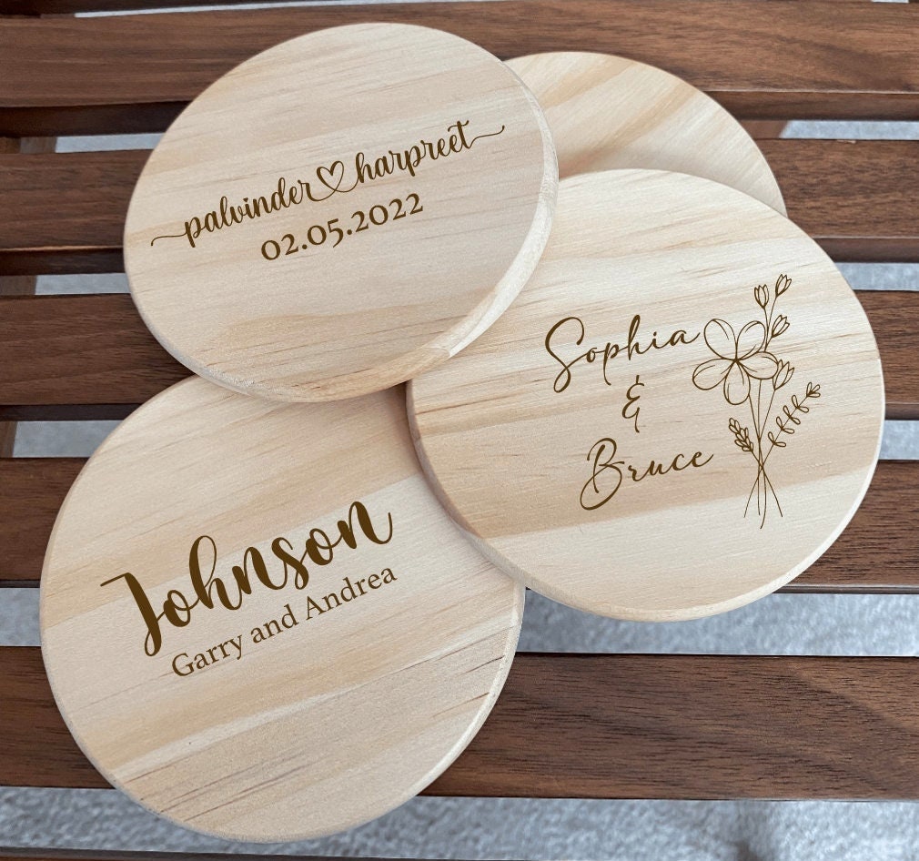 Personalised Acacia Wood Coasters, Wedding Gift, Personalised Engraved Name  and Date Acacia Wood Coasters, Wood 5th Anniversary Gift 