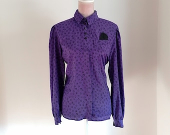 Vintage women's shirt / button up shirt purple blouse / long sleeves / 80S women's blouse