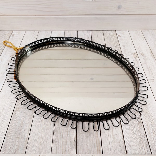 Vintage wall iron mirror / black oval mirror / entrance decor bathroom / bedroom decor 70's