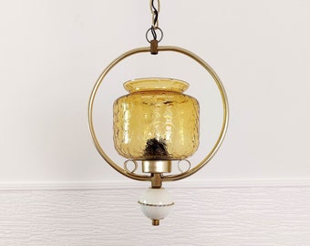 Vintage pendant lamp / mid century glass light / amber glass light fixture