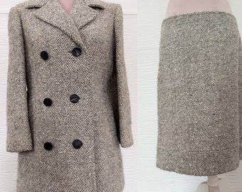 Vintage winter suit skirt and jacket 2 piece black white and gray elegant wool suit 80s
