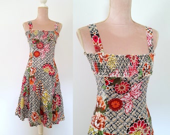 Y2K floral midi dress, multicolored boho sleeveless summer dress