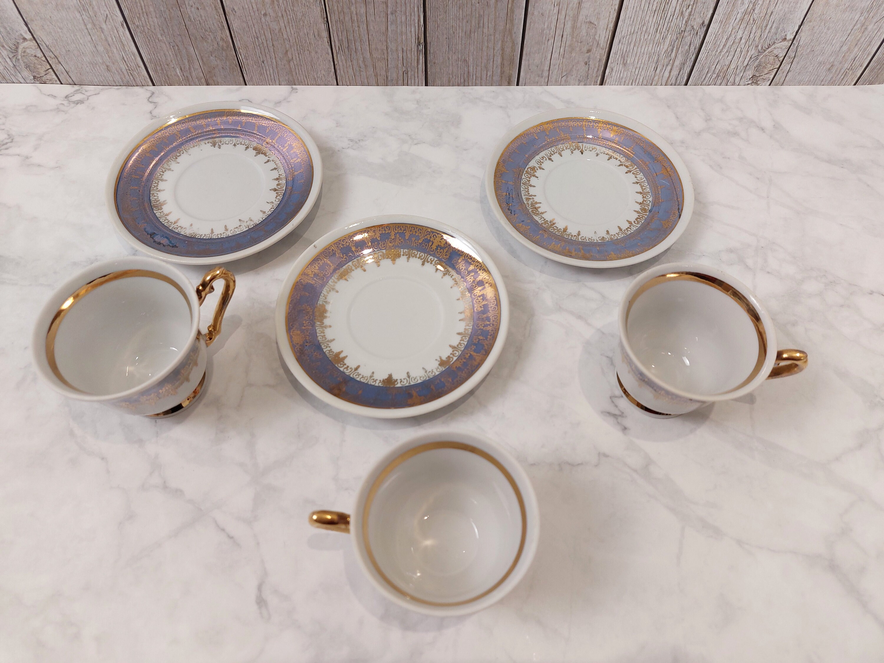 Vintage Porcelain Coffee Cup / Set of 3 Blue and Gold Fine Cups ...
