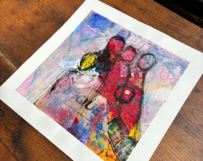 Original abstract acrylic painting on paper: colorful silhouettes with flowers.