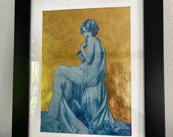 Portrait of a young girl, cyanotype and gold leaf - original work on beautiful thick 300g paper