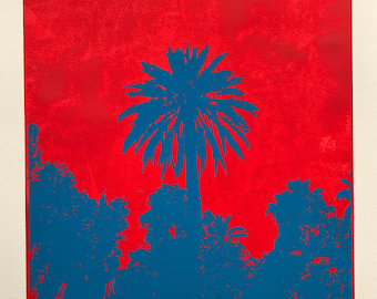 Palm Tree - Contemporary red and blue coloured silkscreen print - Majorelle garden