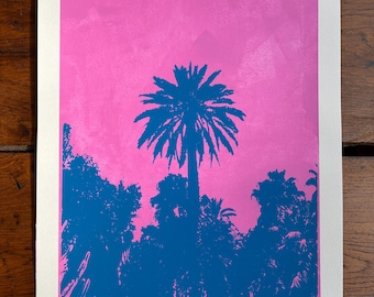Palm Tree - Contemporary pink and blue coloured silkscreen print - Majorelle garden