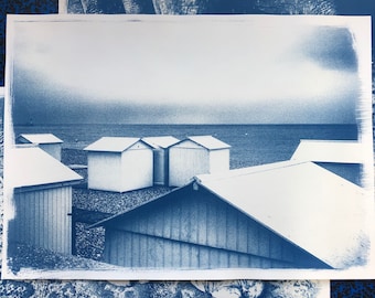Seascape - Shed on the beach in France - large format cyanotype
