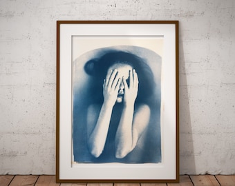 Large format Cyanotype - portrait of a young girl with hands