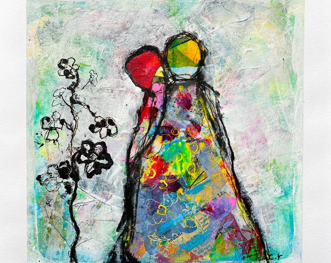 Original abstract acrylic painting on paper: colorful silhouettes with flowers.