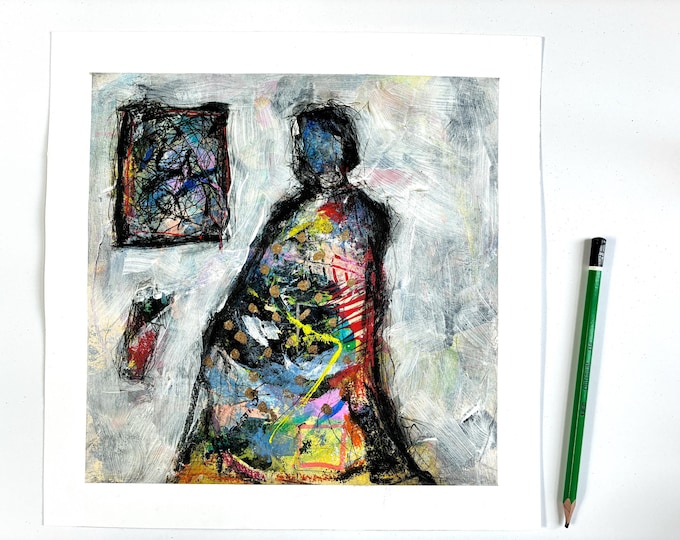 Original abstract acrylic painting on paper: colorful silhouette