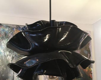 Handmade floral pendant lamp made from vinyl records, upcycled decor in industrial/retro style