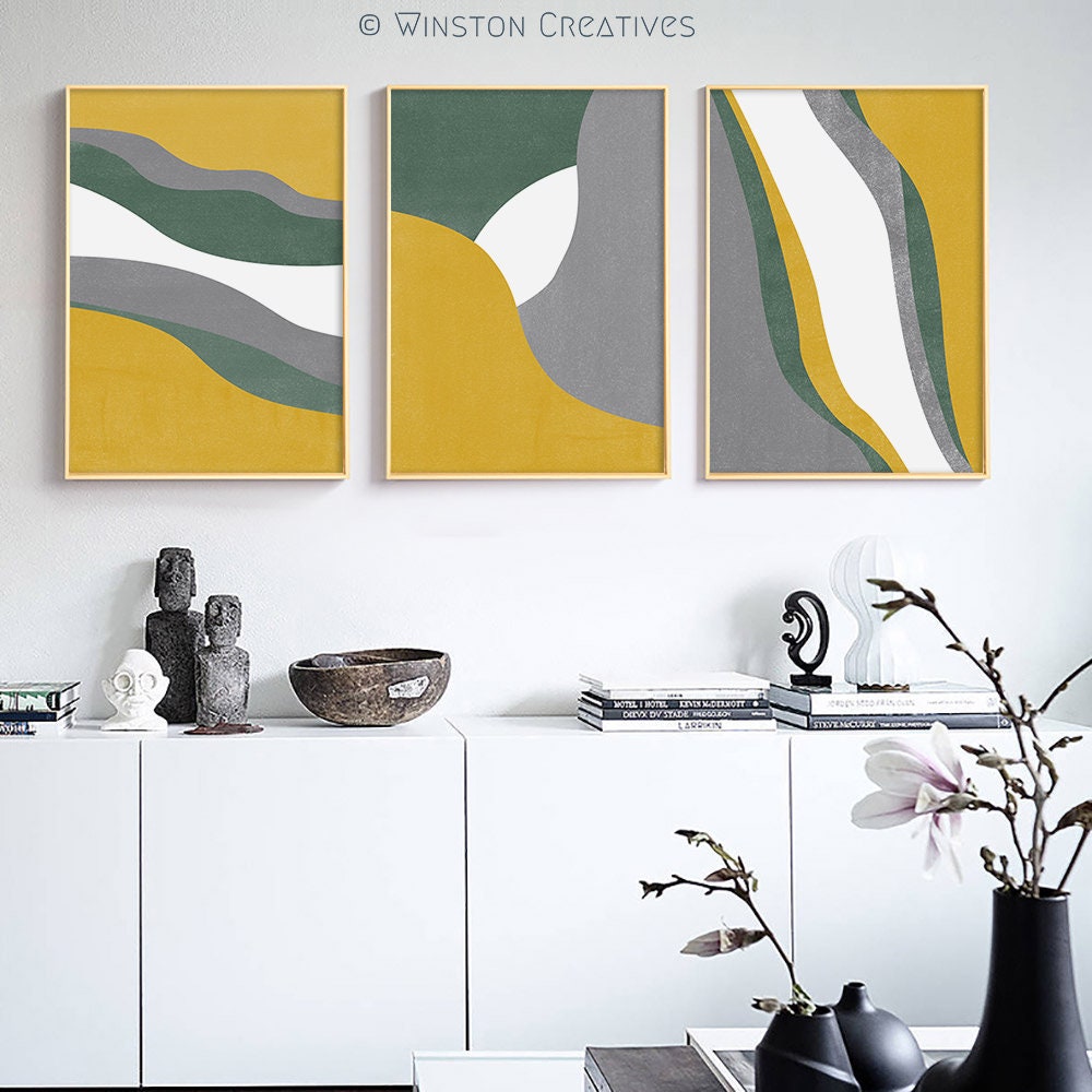 3 Piece Wall Art Abstract Mustard Gray and Green Set of Three Etsy UK
