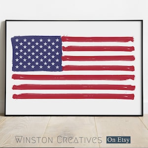US Flagge Aquarell Brush Art Print Poster 4th of July Amerika, Stars and Stripes Amerikanische Flagge Wandkunst, Veteranengeschenk oder Patriotisches Geschenk