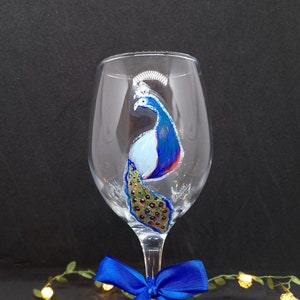 Hand painted peacock wine glass, unique wine gift, gift for her, hand painted glass, handmade, small wine glass