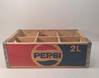 Caja de madera vintage de los años 70 para botellas de Pepsi de 2 litros – Separadores de almacenamiento rústicos estilo granja