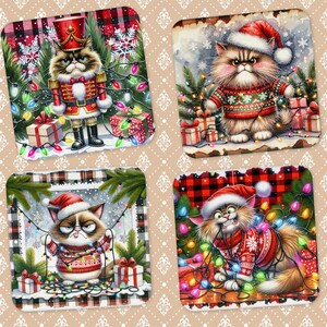 May include: Set of four square coasters featuring grumpy cats in festive Christmas attire. One cat is dressed as a nutcracker, others wear Santa hats and sweaters, surrounded by Christmas lights and gifts. The coasters have a plaid and snowy background.